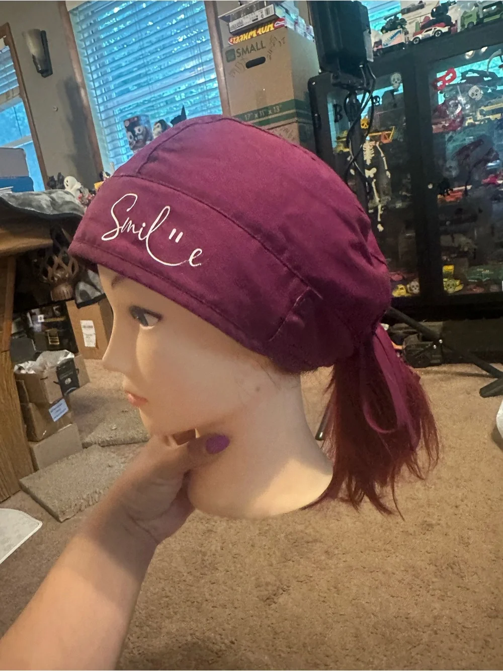Smile Embroidered Women's Tie-Back Scrub Cap - Plum